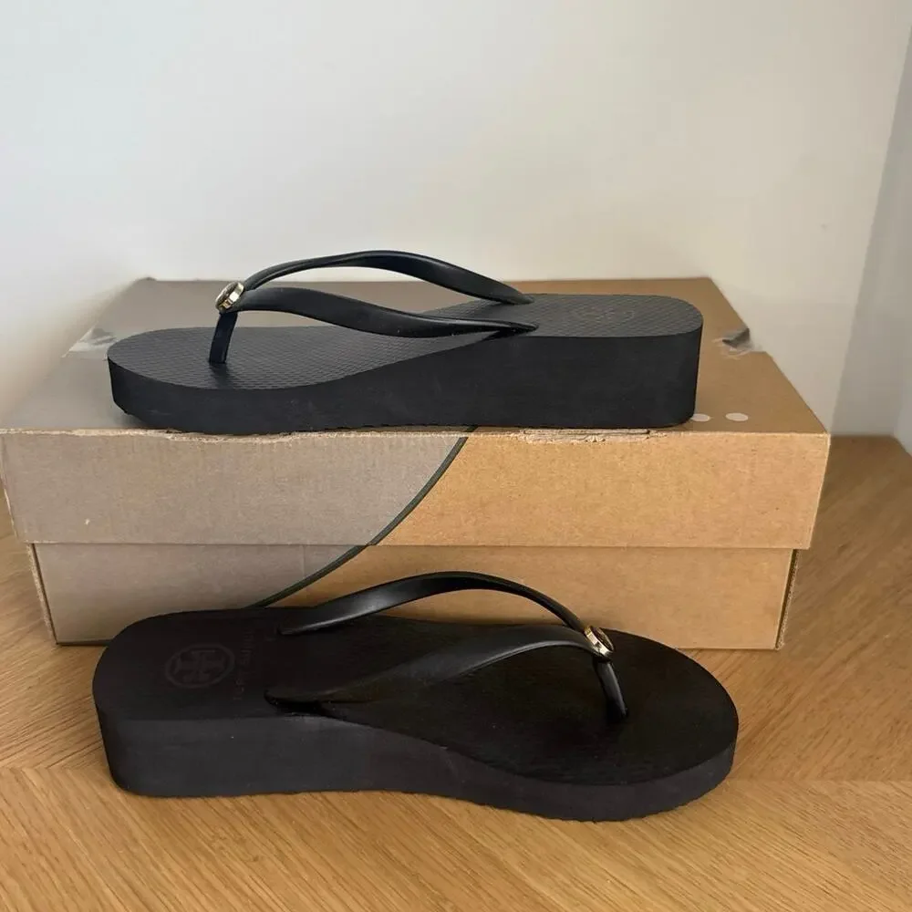 Tory Burch Black/Gold Women Slip On Wedge Sandals- SZ 7